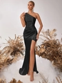 Robe de soirée élégante noire en satin à une épaule avec taille plissée et fente latérale - Noir