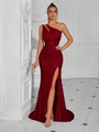 Elegante vestido de noche de lentejuelas rojo vino de un hombro con abertura alta y corte asimétrico - XS / Burdeos (Cremallera)