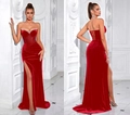 Elegant red velvet strapless evening dress with corset bodice and diamond trim slit - L / Red (Lace-up)