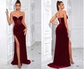 Elegant deep red velvet strapless evening gown with rhinestone trim and high slit detail - XS / Elastic Band Style / Burgundy