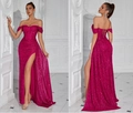 Robe de soirée pailletée rose fuchsia avec haut corset et fente haute sur la jambe - XS / Rose Rouge (Lacet)