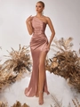 Robe de soirée élégante en satin or rose à une épaule avec fente haute et plis - Rose foncé