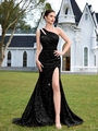 Elegante vestido de noche negro con lentejuelas, un hombro descubierto y abertura alta - XS / Negro (Cordones)