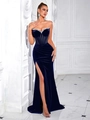 Elegant strapless deep blue velvet evening dress with rhinestone heart neckline and side slit - S / Navy Blue (Zipper)