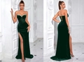 Elegant emerald green velvet strapless evening gown with rhinestone heart neckline and high slit - XS / Elastic Band Style / Dark Green