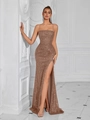 Elegant rose gold sequin evening dress with thin straps and high side slit - XS / Khaki