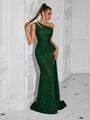 Deep green sequined one-shoulder evening gown with high slit and waist pleats - XS / Dark Green (Zipper)