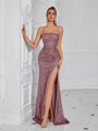 Elegant mauve sequined bodycon evening dress with slim straps and side high slit - L / Persimmon
