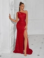 Sparkly red sequin one-shoulder evening gown with a high slit and floor-length design - XS / Red (Lace-up)