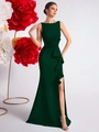 Elegante abito da sera verde scuro senza maniche con pieghe in vita e spacco - XS / Verde Scuro
