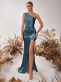 Robe de soirée élégante à une épaule en satin bleu paon avec fente latérale haute et plis - Bleu Sarcelle