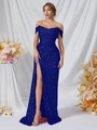 Robe de soirée sirène à paillettes bleu foncé avec épaules dénudées et fente haute sexy - XS / Bleu