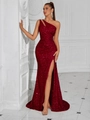 Sexy one-shoulder sequin evening dress in deep wine red with high side slit detail - XS / Wine Red (Lace-up)