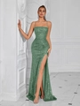 Elegant sage green sequin maxi dress with spaghetti straps and a high side slit - S / White Green