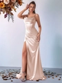 Elegant champagne satin one-shoulder maxi dress with draped neckline and high slit - Apricot