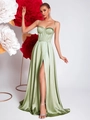 Elegante abito da sera in raso verde salvia con corsetto e spacco alto per le feste - XS / verde chiaro