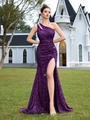 Elegant purple sequined evening gown with one-shoulder cut and high slit detail - XL / Purple (Lace-up)
