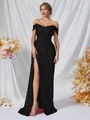 Elegant black sequined strapless evening gown with thigh-high slit and slim fit silhouette - XS / Black