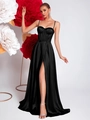 Elegante abito sottoveste in raso nero con corpetto a corsetto e spacco alto da sera - XS / Nero