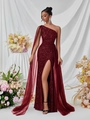 Elegantes einschultriges Pailletten-Abendkleid in Burgund mit Netzkap und Schlitz - XS / Burgunderrot