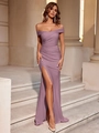 Elegantes schulterfreies gerafftes Abendkleid in Altrosa mit hohem Beinschlitz - Grauviolett