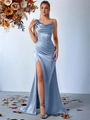 Elegant light blue satin evening gown with one-shoulder strap and high slit detail - Light Blue