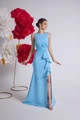 Elegant sky blue sleeveless evening gown with waist pleats and side high slit - S / Sky Blue