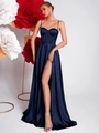 Abito sottoveste in raso blu navy con spacco alto e corpetto a corsetto per feste eleganti - XS / Blu navy
