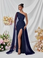 Dunkelblaues One-Shoulder-Pailletten-Abendkleid mit Mesh-Cape und hohem Beinschlitz - XS / Marineblau