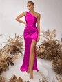 Robe de soirée élégante en satin rose rouge à une épaule avec taille froncée et fente - Rose Pivoine