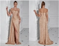 Champagne gold sequin tube top maxi dress with high slit and lace-up back detail - XS / Champagne