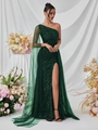 Dunkelgrünes Pailletten-Abendkleid mit One-Shoulder-Schnitt, Netz-Cape und Schlitz - XS / Dunkelgrün