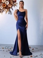 Elegant dark blue satin off-the-shoulder evening gown with high slit and draping details - XS / Navy Blue