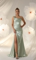 Elegant sage green satin one-shoulder maxi dress with corset waist and high slit detail - XS / Light Green