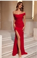 Rotes schulterfreies Abendkleid mit Raffung und hohem Beinschlitz in Slim Fit - Rot