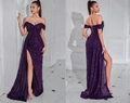 Elegantes lila Pailletten-Abendkleid mit schulterfreiem Ausschnitt und hohem Beinschlitz - XS / Marineviolett