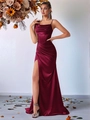 Elegant burgundy satin evening dress with one-shoulder straps and high slit detail - XS / Burgundy