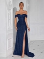 Robe de soirée à paillettes bleu marine, épaules dénudées avec une fente latérale - XS / Bleu Marine (Fermeture Éclair)