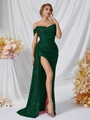 Robe de soirée élégante vert émeraude à paillettes bustier avec fente latérale et sirène - XS / Vert Foncé