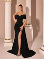 Detailansicht der eleganten schwarzen schulterfreien Abendrobe aus Satin mit hohem Beinschlitz - S / Schwarz