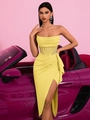 Elegantes zitronengelbes schulterfreies Kleid mit Korsetttaille und hohem Schlitz - XS / Gelb