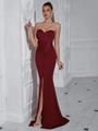 Elegantes weinrotes trägerloses Abendkleid mit Raffung und hohem Beinschlitz - S / Burgunderrot