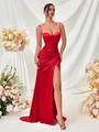 Elegantes rotes Satinkleid mit Spaghettiträgern und hohem Schlitz-Design - XS / Rot