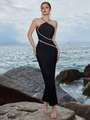 Elegantes schwarzes Neckholder-Abendkleid mit glänzenden Strassstreifen und Fischschwanz - XS / Schwarz