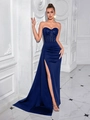 Dunkelblaues trägerloses Abendkleid mit Pailletten-Mieder und elegantem hohen Schlitz - XS / Marineblau (Schnürung)