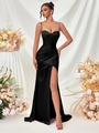 Elegantes schwarzes Satin-Korsettkleid mit schulterfreien Trägern und hohem Beinschlitz - XS / Schwarz