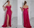 Robe de soirée élégante rouge rose à paillettes avec fente et longue traîne - XS / Rose rouge
