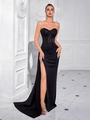 Luxuriöses schwarzes Pailletten-Abendkleid mit hohem Schlitz und Korsett-Oberteil - XS / Schwarz (Schnürungs-Stil)