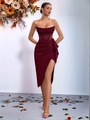 Elegant wine red off-shoulder evening dress with corset waist and high slit - XS / Burgundy