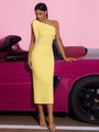 Elegant yellow satin one-shoulder dress with bow detail next to a luxury car - XS / Yellow